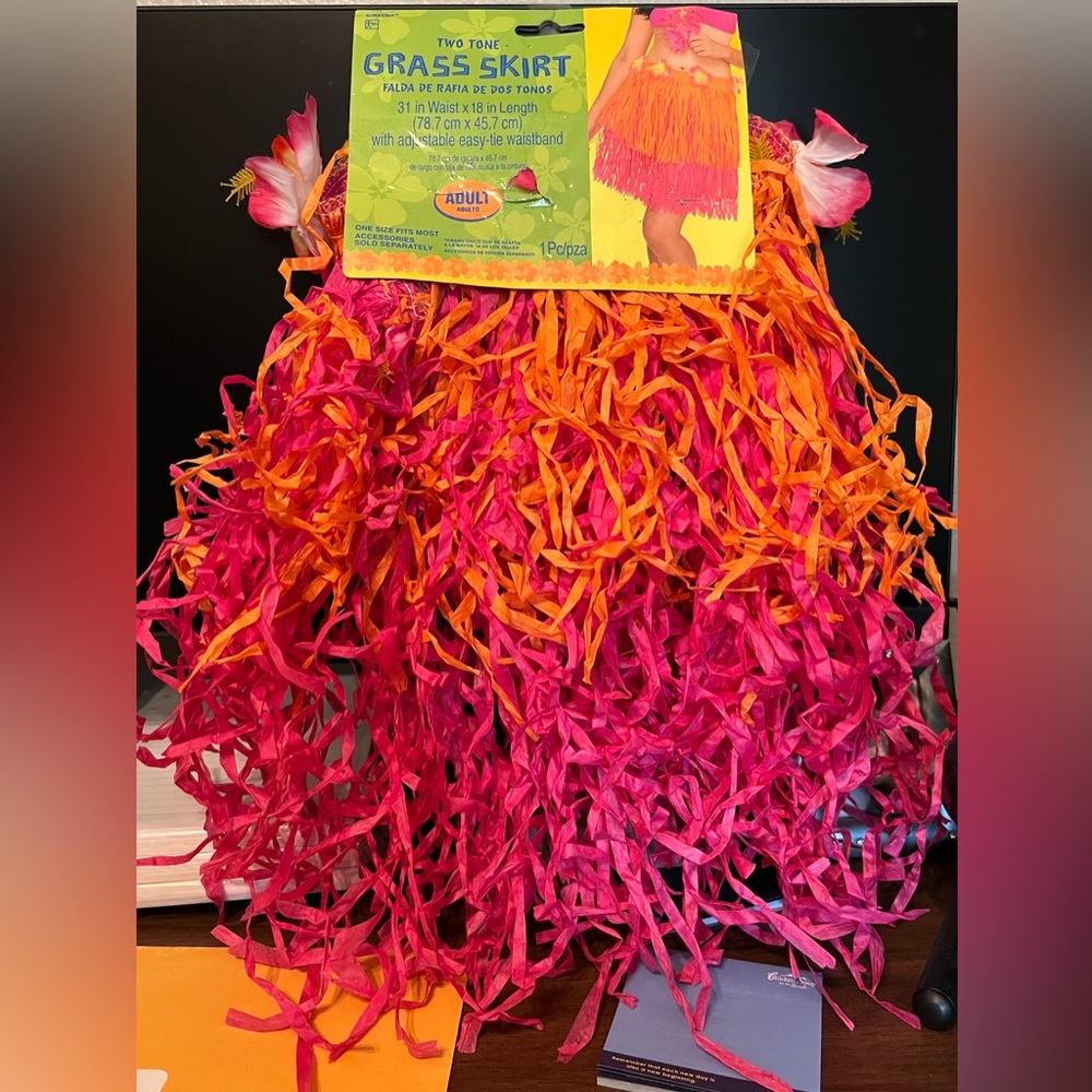 Adult two tone grass skirt with hibiscus flowers, new